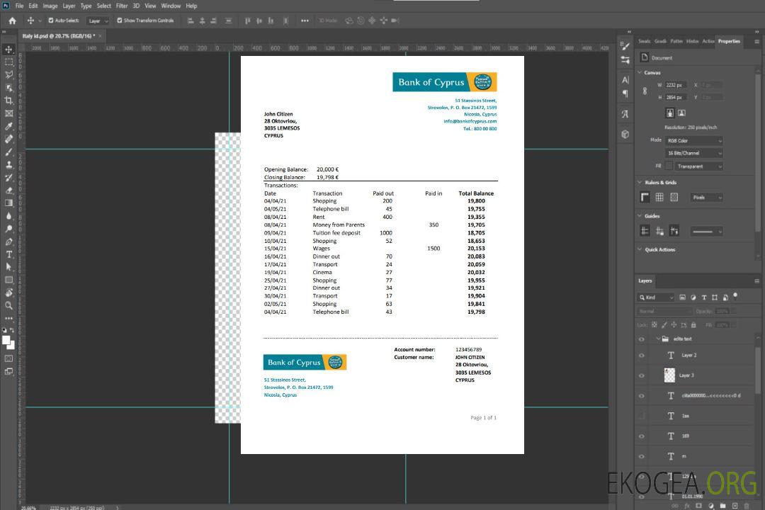 Relevé bancaire de la Banque de Chypre de Chypre, modèle facile à remplir au format de fichier .xls et .pdf template